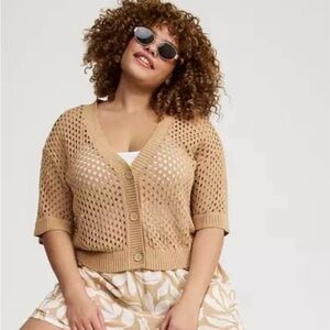 Torrid Tan Open Knit Crochet Crop Short Sleeve Cardigan Sweater Plus Size 6XL